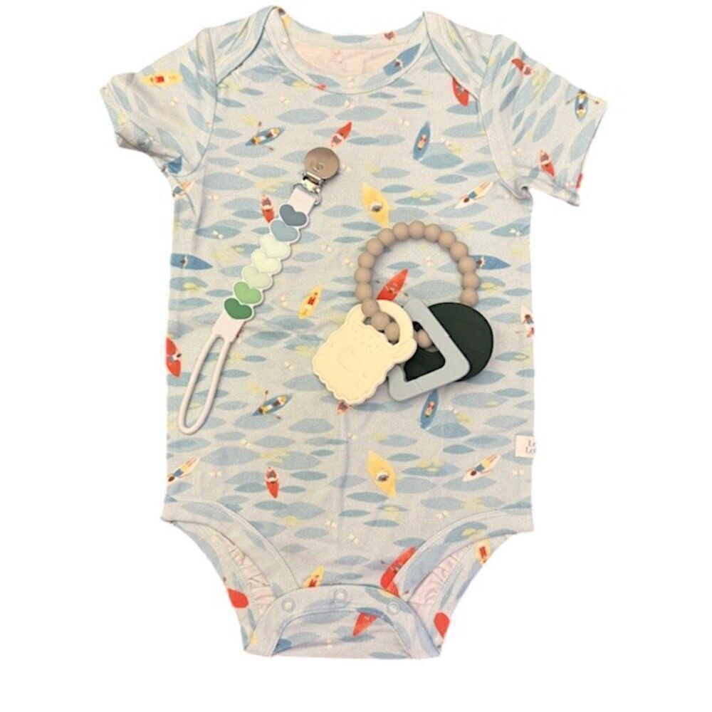 NWT Loulou Lollipop Set-Bodysuit Kayaks, Teething Ring, Paci Clip Size 6-12 Mnth